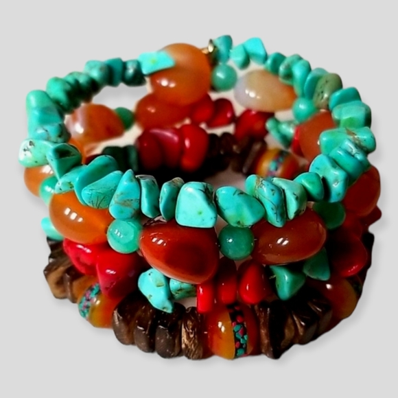 Hand Crafted Boho Tibetan Agate, Turquoise and Amber Wrap Bracelet - Picture 2 of 16
